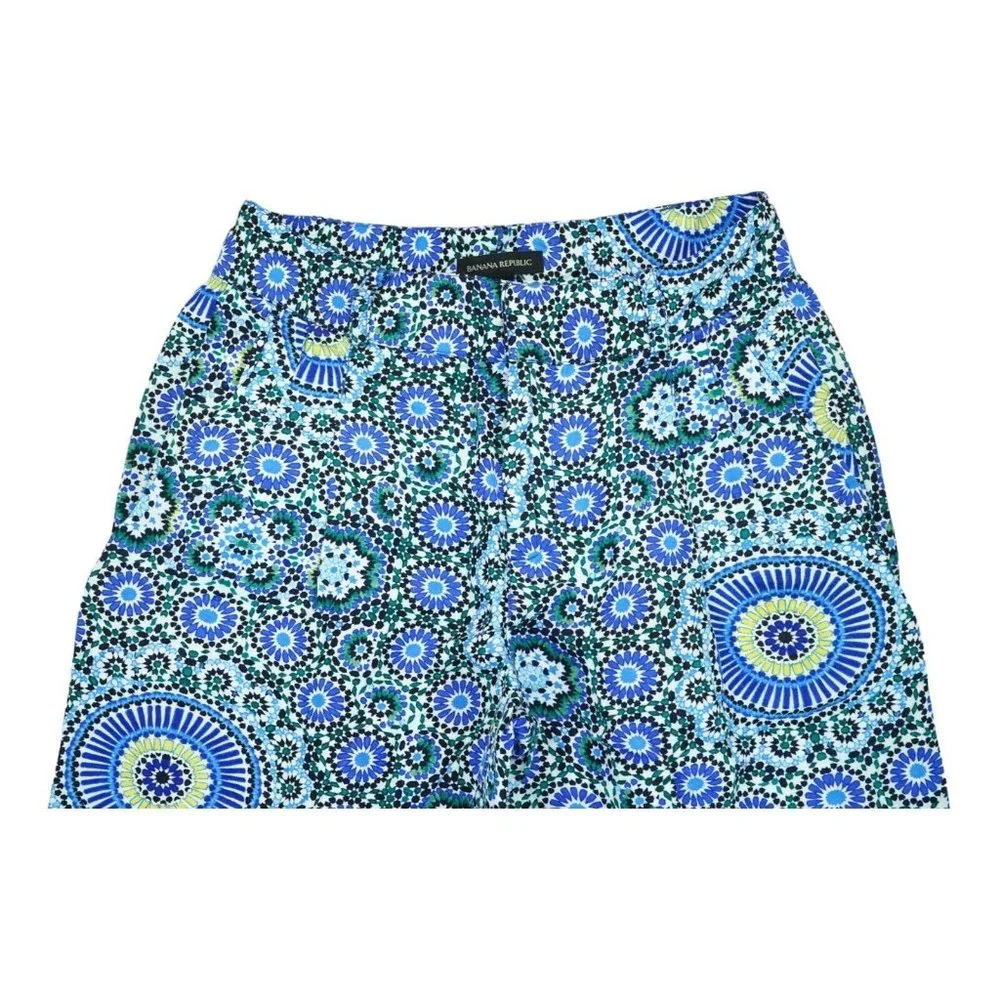 BANANA REPUBLIC Women's Blue Floral Geometric Wide Leg Tie Waist Pants Sz 0‎